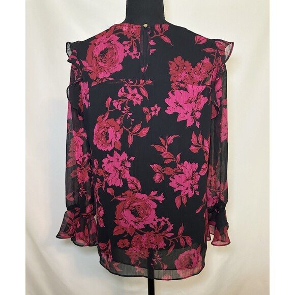 Roz & Ali Red Black Floral Whimsigoth Sheer Ruffles Long Sleeve Top Women SMALL - Picture 3 of 12